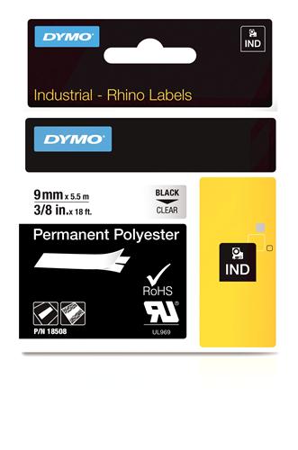 Permanent Polyester Label, Black on Clear, 3/8" (18508DMO)