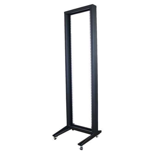 7FT 2-POST 19" OPEN FRAME STEEL FLOOR RACK W/CASTERS, 45U, BLACK (questm_FR1907-45-02SC)